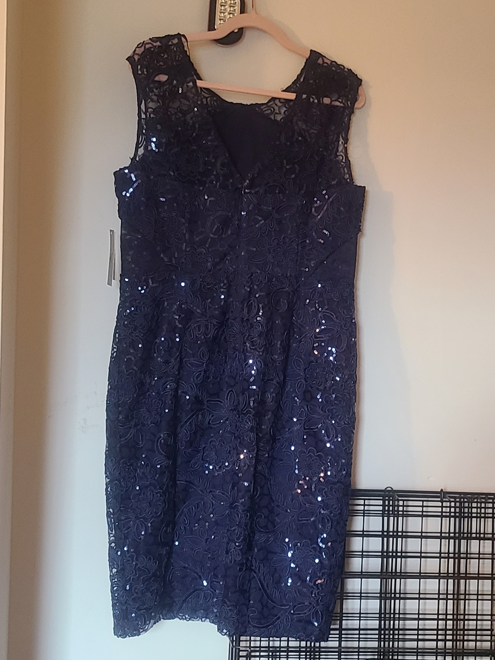 Sleeveless Navy Lace Midi Dress with Sequin Accents